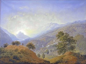 Italian hills with figures and river